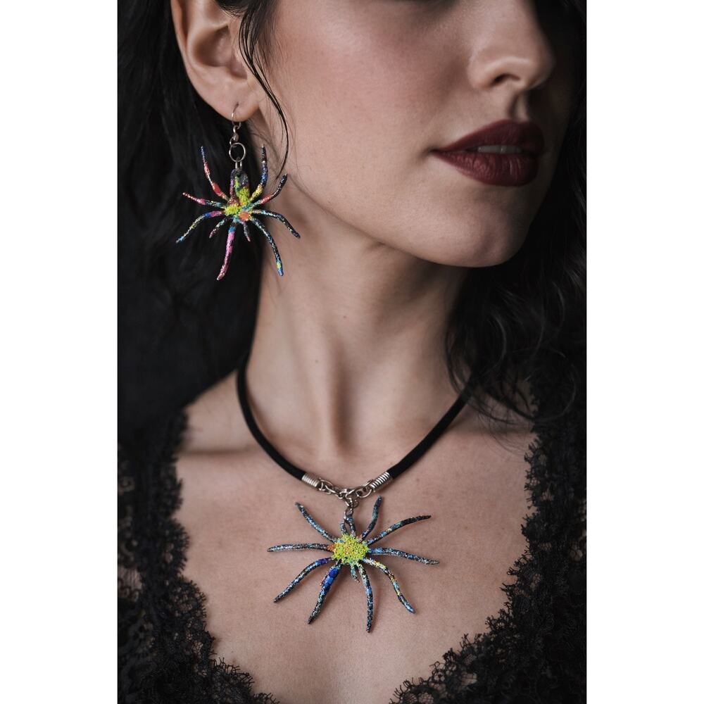 Hand Painted Spider Jewelry Set Neon Glitter Earrings and Pendant Necklace Goth